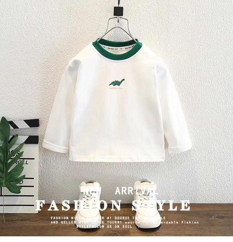 Children's White Dinosaur T-shirt Cotton Spring Autumn Top — feature 1