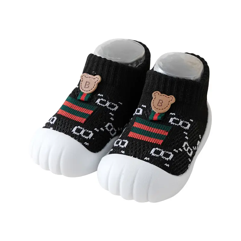 Baby Sneakers Black Embroidered 1-3Yr Soft Indoor Socks