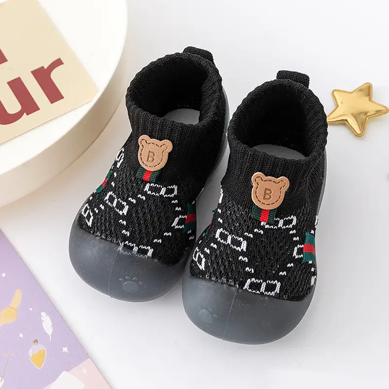 Baby Sneakers Black Embroidered 1-3Yr Soft Indoor Socks