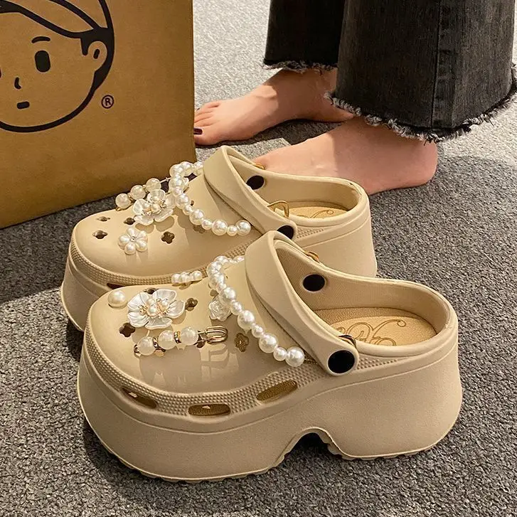 Women's Beige Pearl Croc Sandals Summer Non-Slip - Image 8