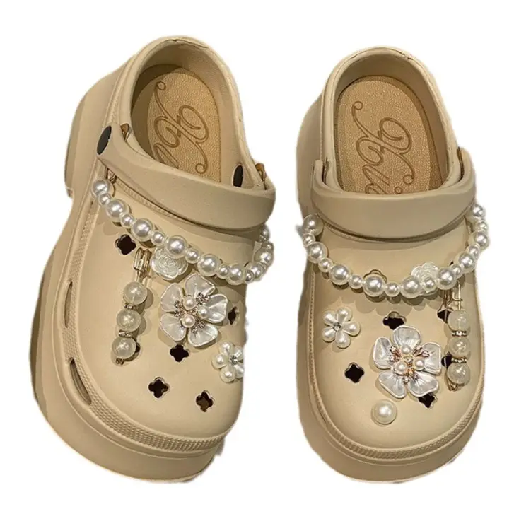 Women's Beige Pearl Croc Sandals Summer Non-Slip - Image 9