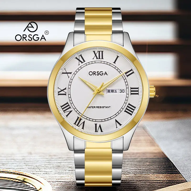 ORSGA Men's Gold Roman Dial Quartz Watch Brown Leather Strap
