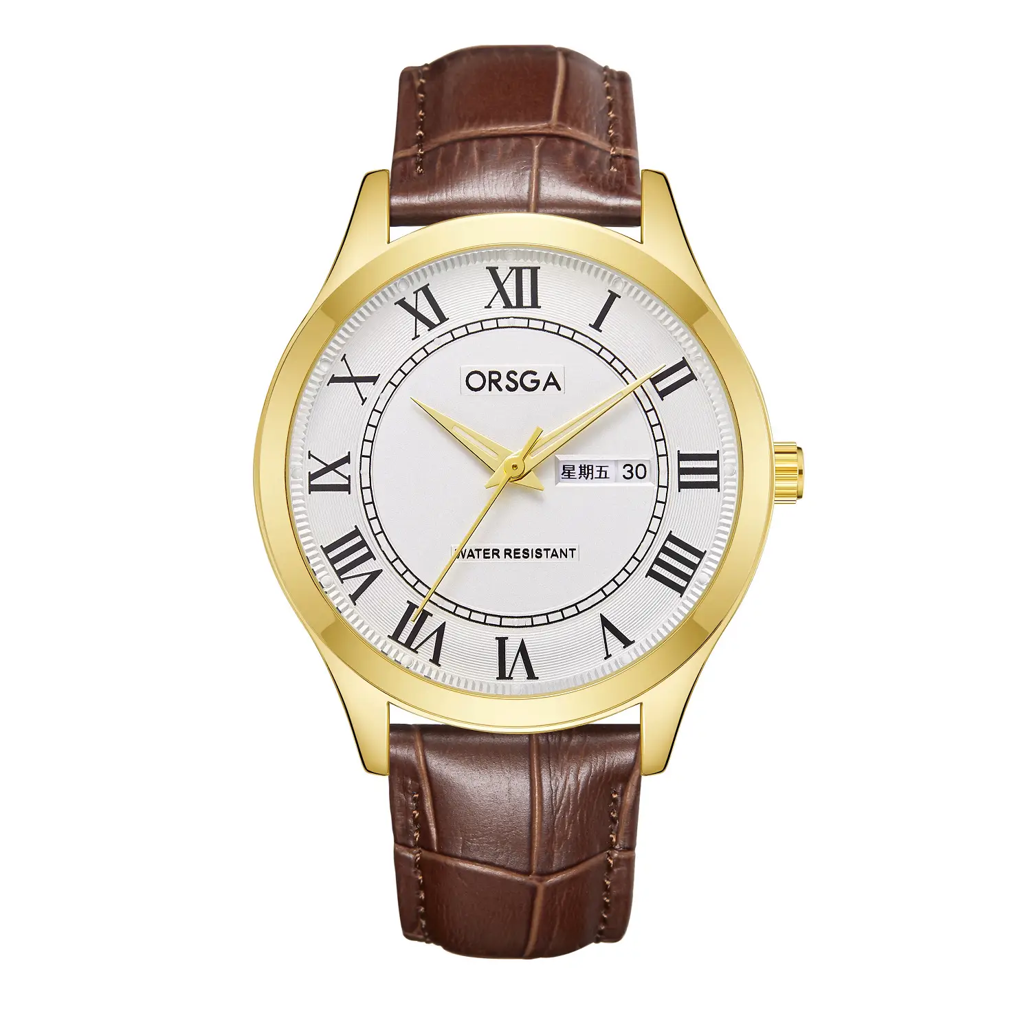Brown leather belt gold shell white face