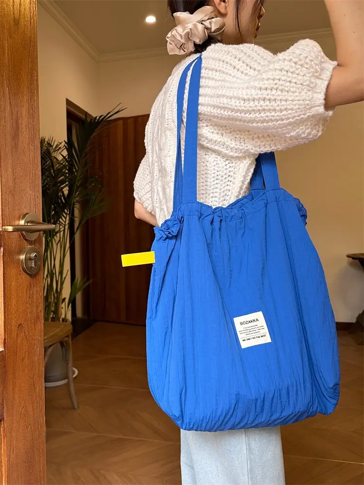 Blue Striped Drawstring Shoulder Bag Large Capacity - Image 7