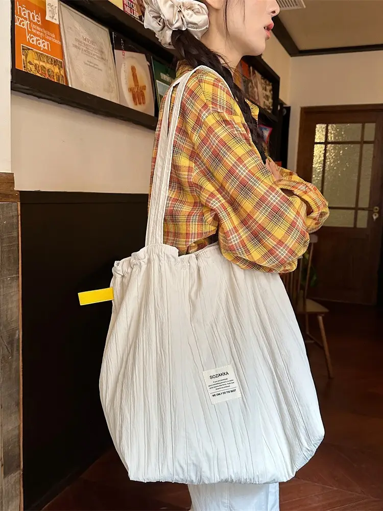 Blue Striped Drawstring Shoulder Bag Large Capacity - Image 8