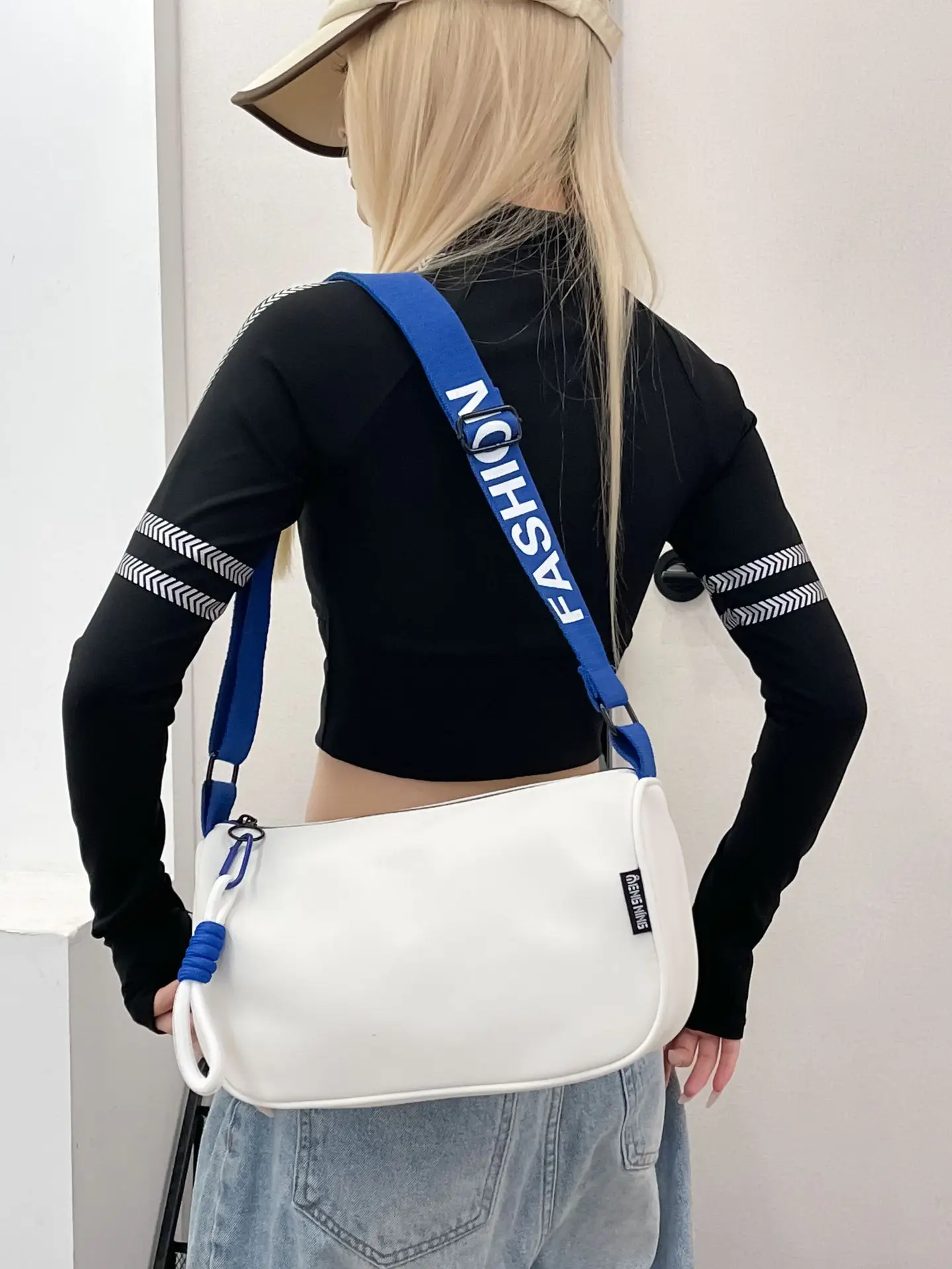 Women's Blue White Oxford Cloth Crossbody Bag Large Capacity - Image 8