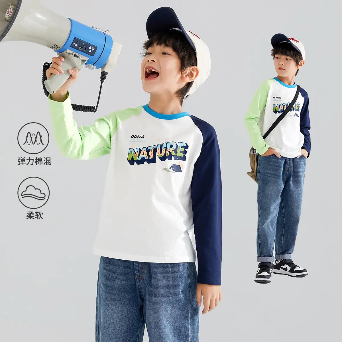 QQduck Boys Long Sleeve T-Shirt Blue White Spring New - Image 2