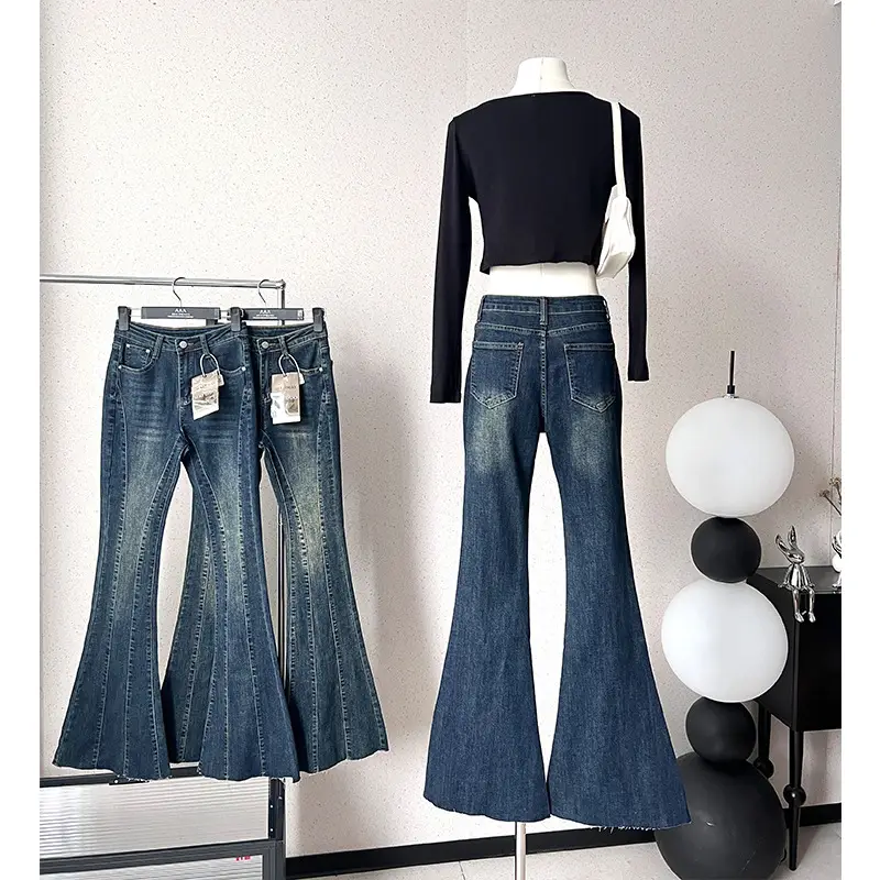Dark Blue Micro-Flared High Waist Jeans Women