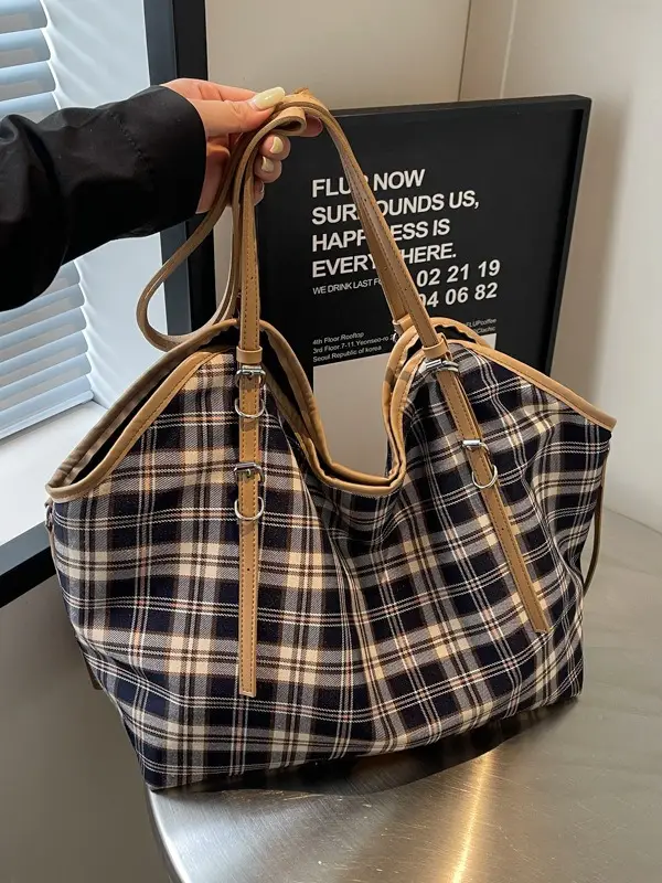 Plaid Canvas Women's Large Tote Bag Autumn Winter Crossbody - Image 4