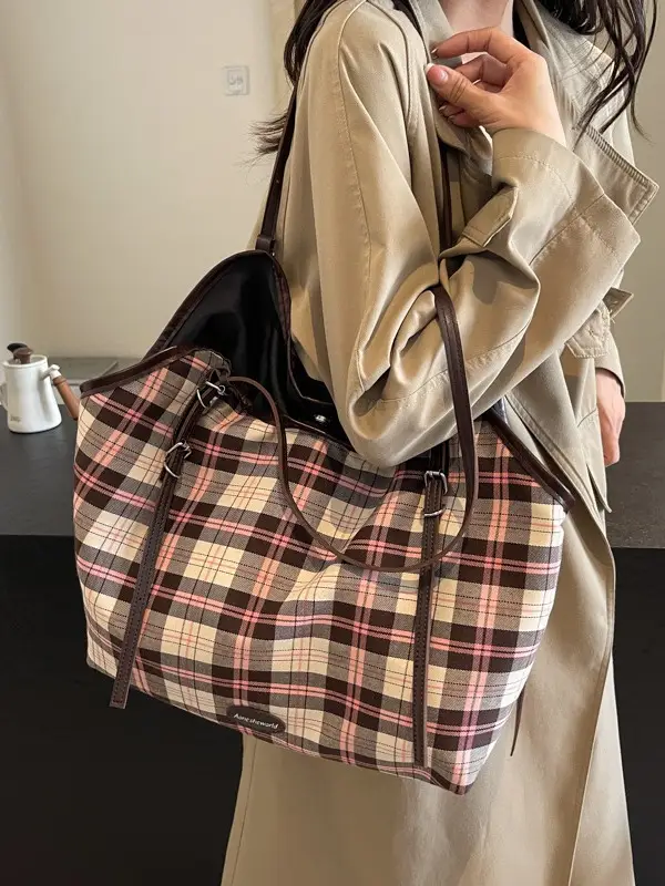 Plaid Canvas Women's Large Tote Bag Autumn Winter Crossbody - Image 5