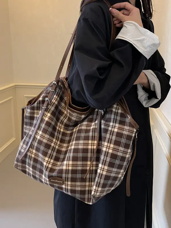 Plaid Canvas Women's Large Tote Bag Autumn Winter Crossbody - Image 6