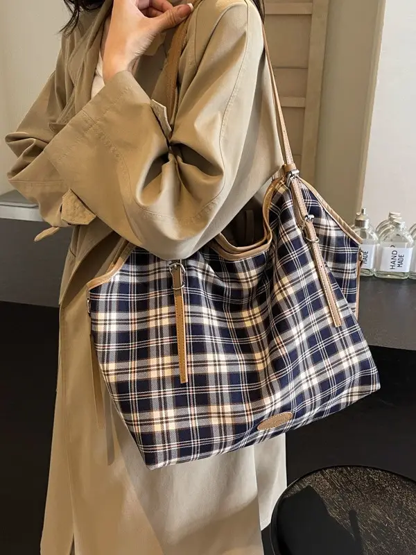Plaid Canvas Women's Large Tote Bag Autumn Winter Crossbody - Image 7