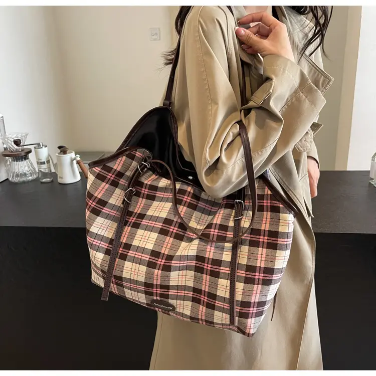 Plaid Canvas Women's Large Tote Bag Autumn Winter Crossbody — feature 10