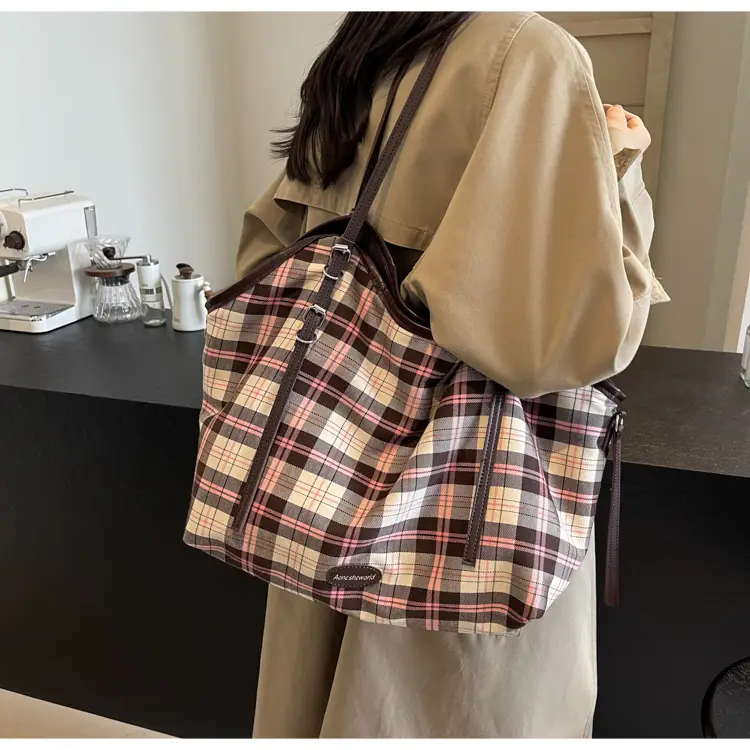 Plaid Canvas Women's Large Tote Bag Autumn Winter Crossbody — feature 11