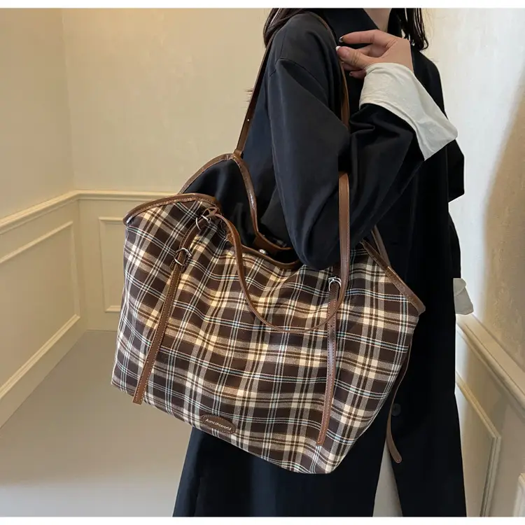 Plaid Canvas Women's Large Tote Bag Autumn Winter Crossbody — feature 13