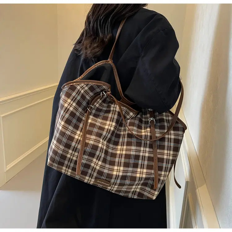 Plaid Canvas Women's Large Tote Bag Autumn Winter Crossbody — feature 14