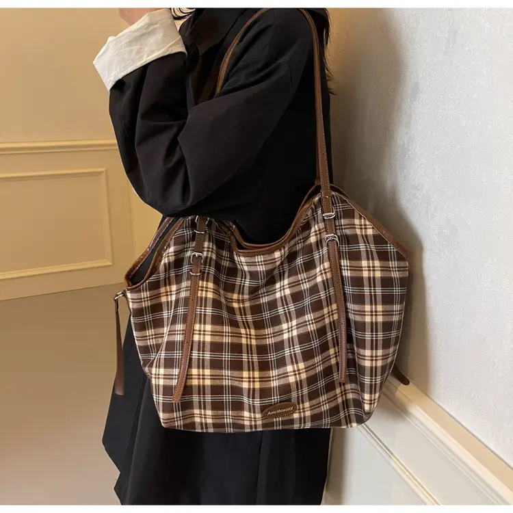 Plaid Canvas Women's Large Tote Bag Autumn Winter Crossbody — feature 15