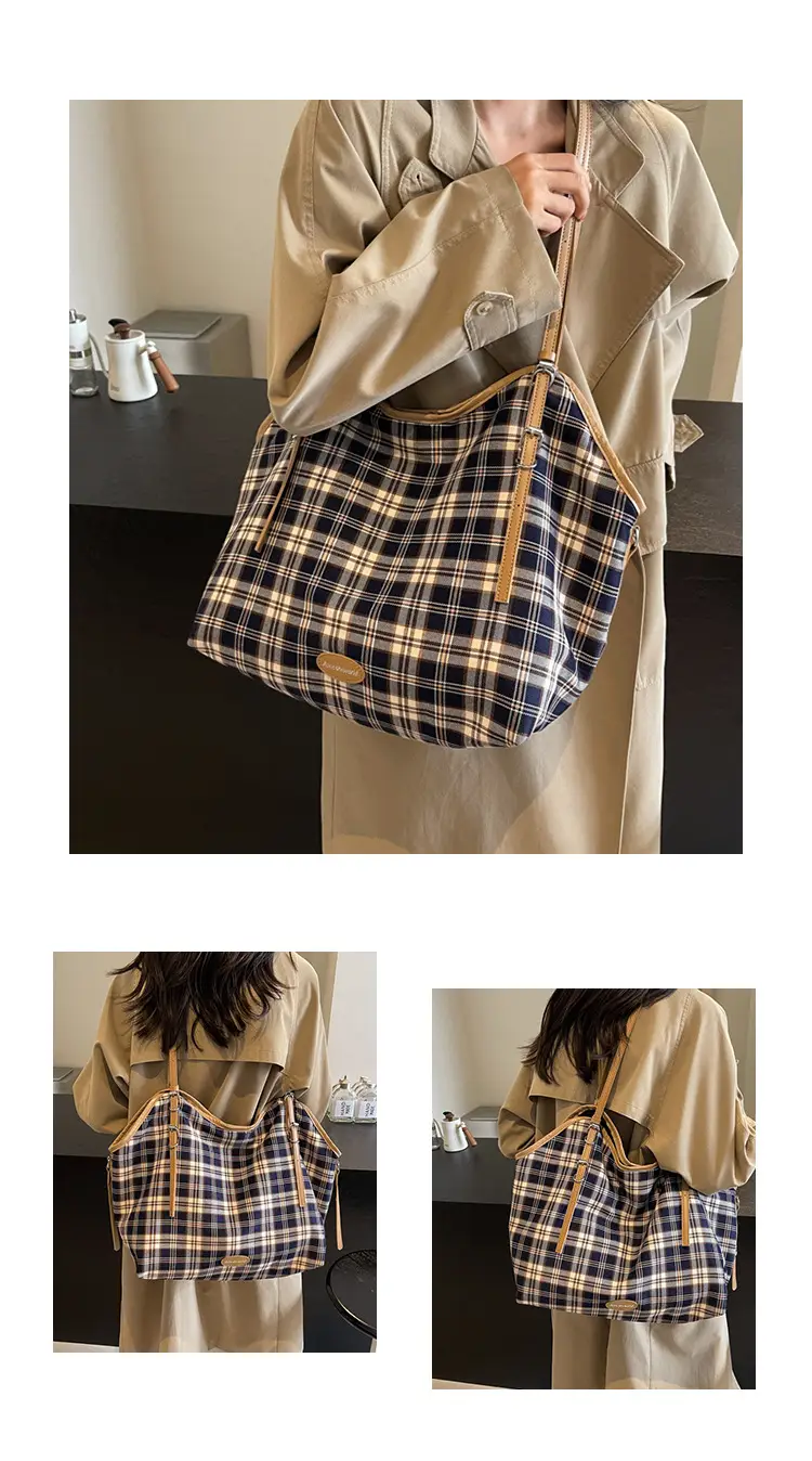 Plaid Canvas Women's Large Tote Bag Autumn Winter Crossbody — feature 16