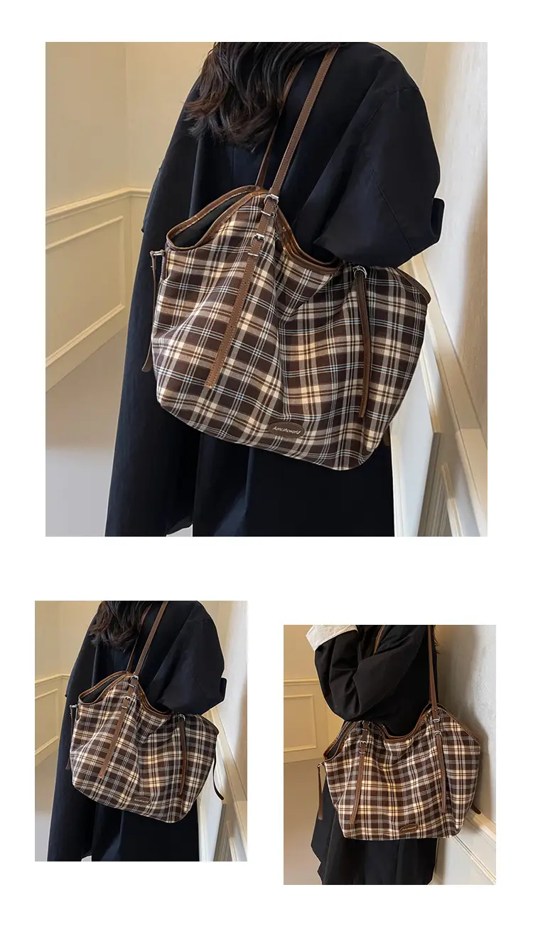 Plaid Canvas Women's Large Tote Bag Autumn Winter Crossbody — feature 17