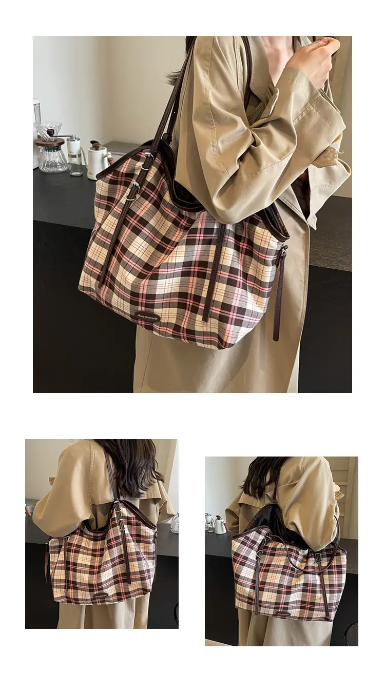 Plaid Canvas Women's Large Tote Bag Autumn Winter Crossbody — feature 18