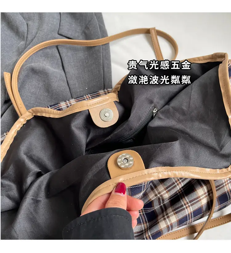 Plaid Canvas Women's Large Tote Bag Autumn Winter Crossbody — feature 2