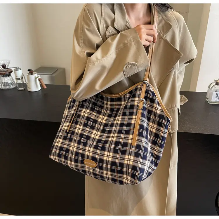 Plaid Canvas Women's Large Tote Bag Autumn Winter Crossbody — feature 7