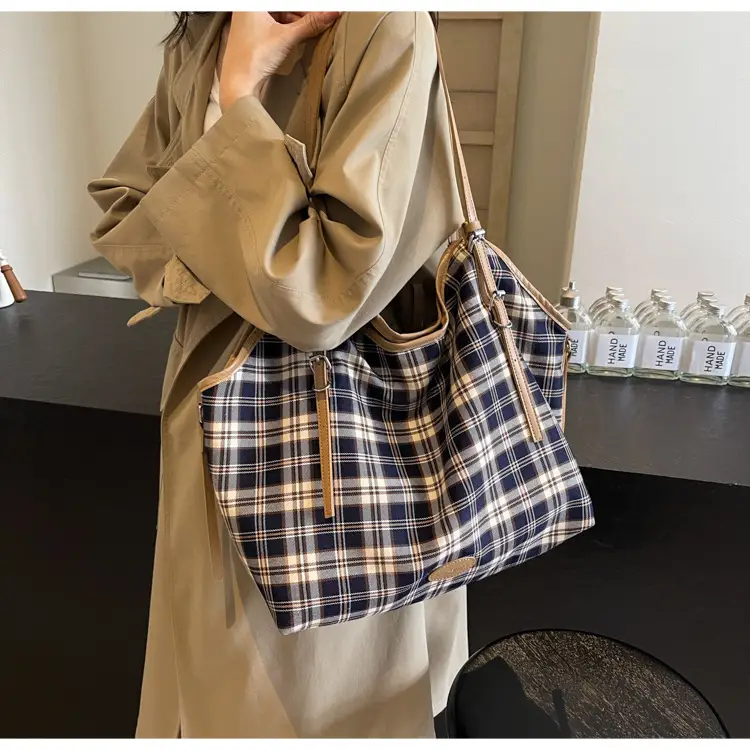 Plaid Canvas Women's Large Tote Bag Autumn Winter Crossbody — feature 9