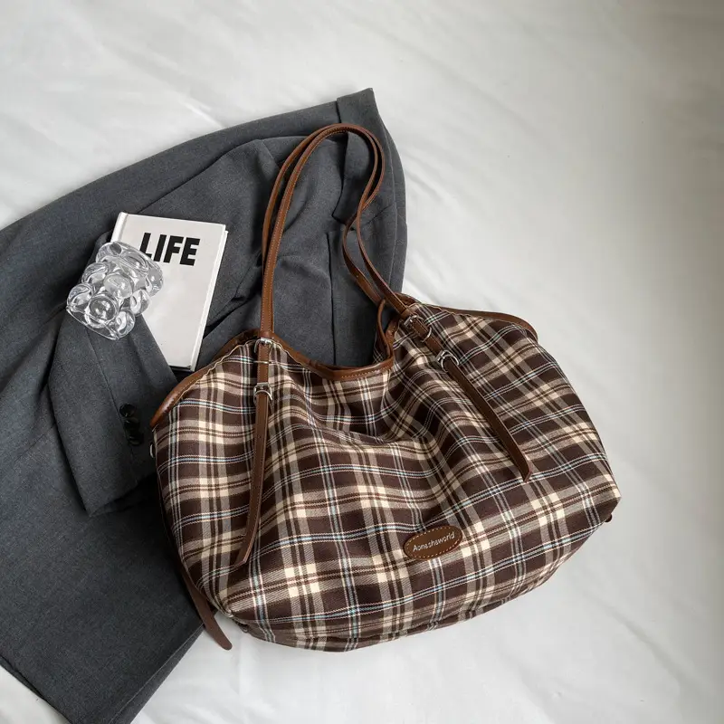 Plaid Canvas Women's Large Tote Bag Autumn Winter Crossbody - Image 2