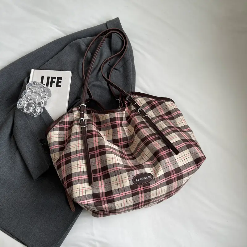 Plaid Canvas Women's Large Tote Bag Autumn Winter Crossbody - Image 3
