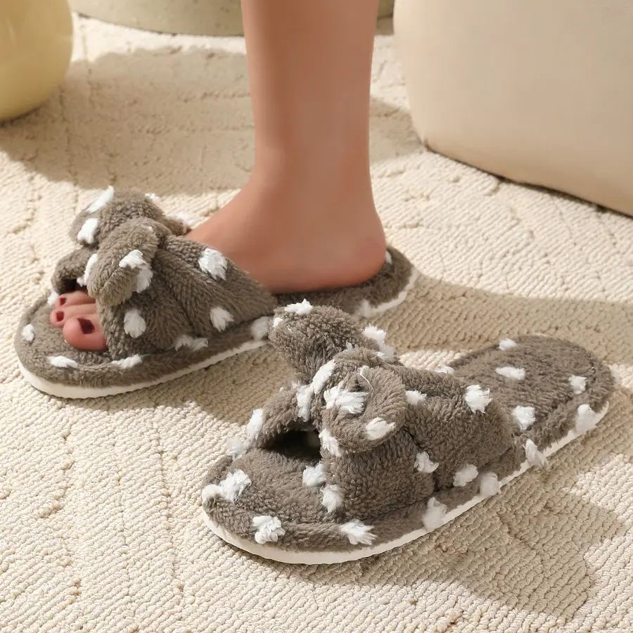 Korean Style Girl Heart Sweet Beautiful Cute Bow Cotton Slippers Women's Autumn and Winter Fashion Student Home Plush Wave Dot Slippers