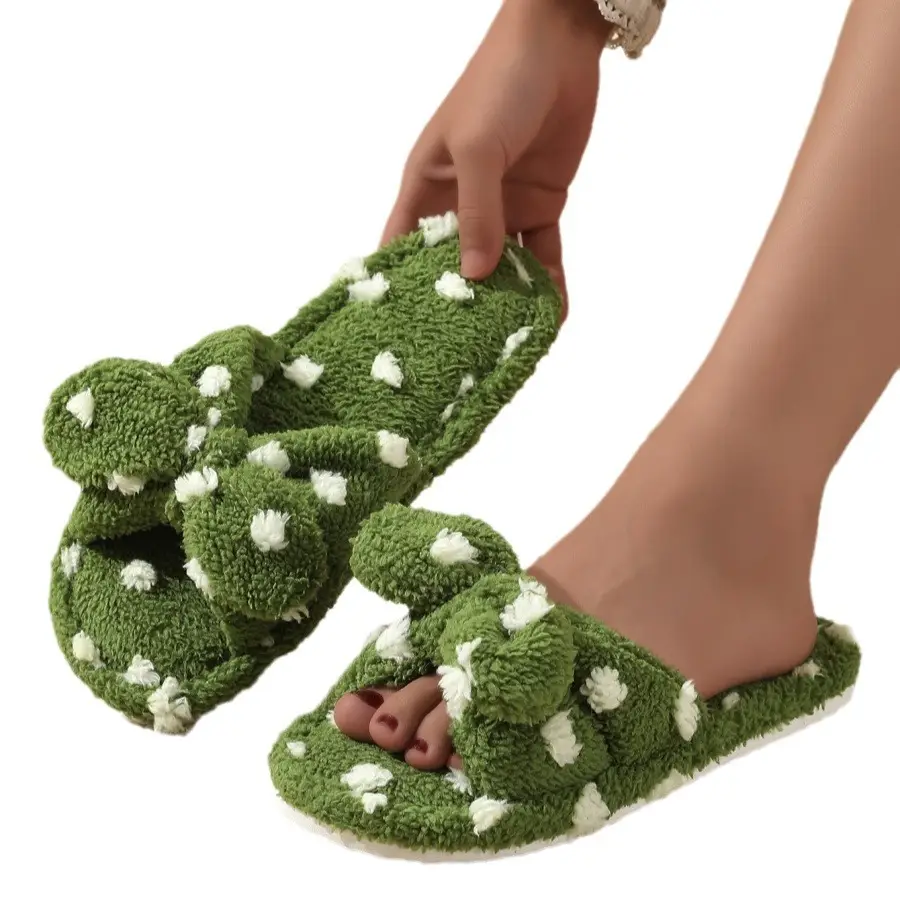 Korean Style Girl Heart Sweet Beautiful Cute Bow Cotton Slippers Women's Autumn and Winter Fashion Student Home Plush Wave Dot Slippers