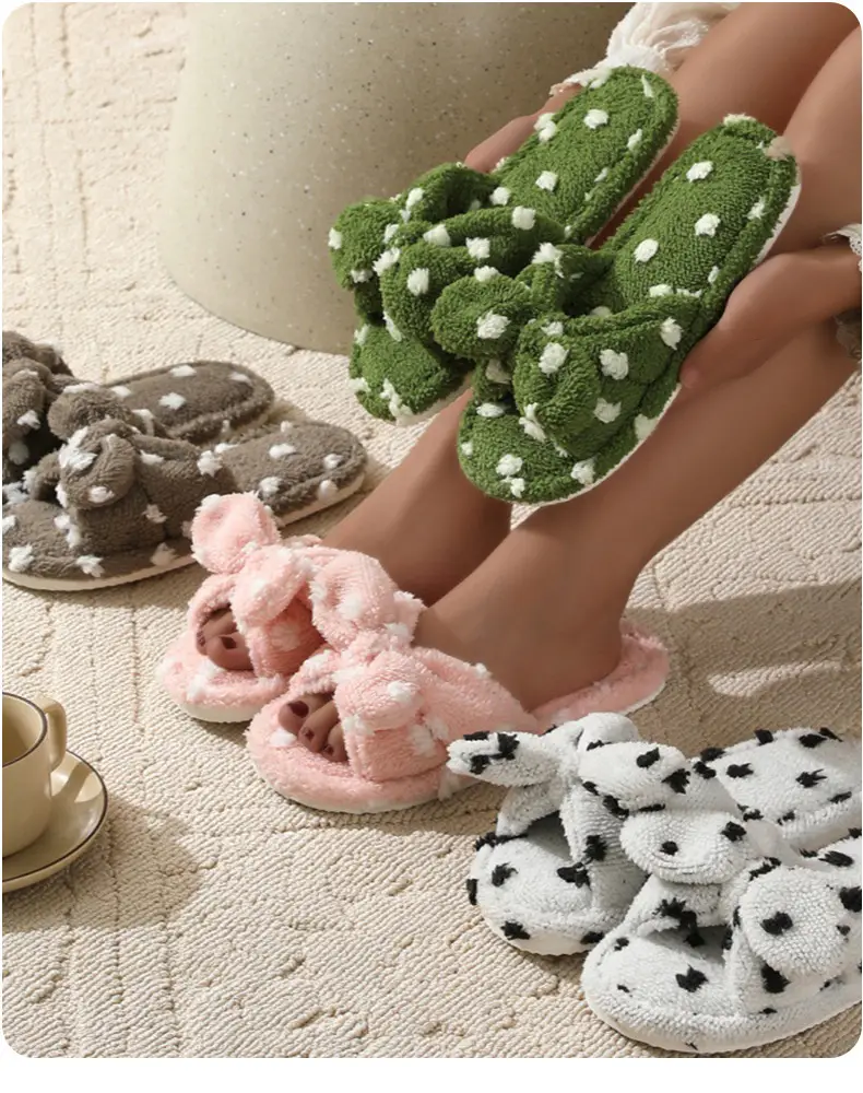 Korean Style Girl Heart Sweet Beautiful Cute Bow Cotton Slippers Women's Autumn and Winter Fashion Student Home Plush Wave Dot Slippers — feature 1