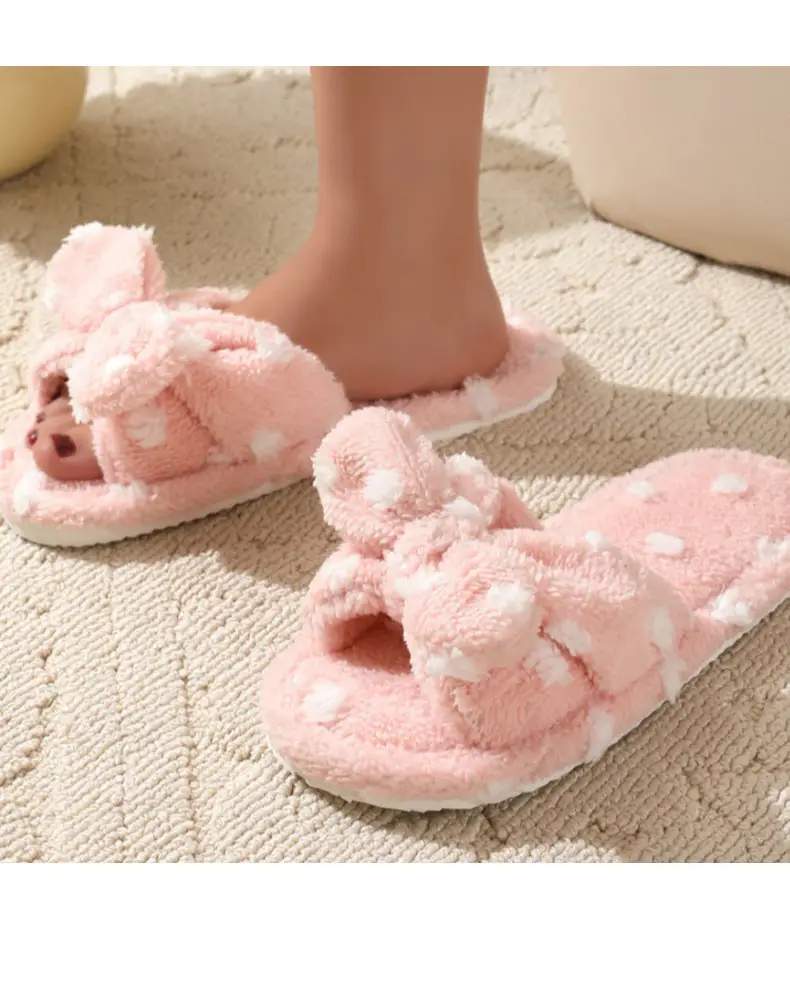 Korean Style Girl Heart Sweet Beautiful Cute Bow Cotton Slippers Women's Autumn and Winter Fashion Student Home Plush Wave Dot Slippers — feature 11