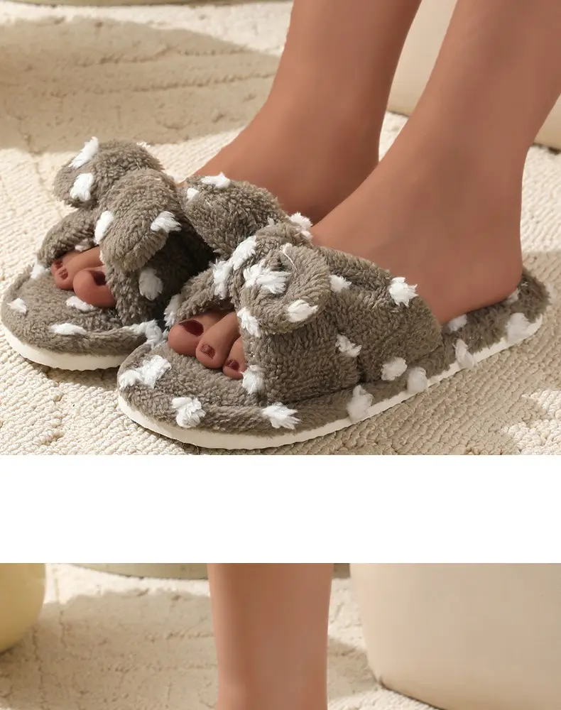 Korean Style Girl Heart Sweet Beautiful Cute Bow Cotton Slippers Women's Autumn and Winter Fashion Student Home Plush Wave Dot Slippers — feature 15