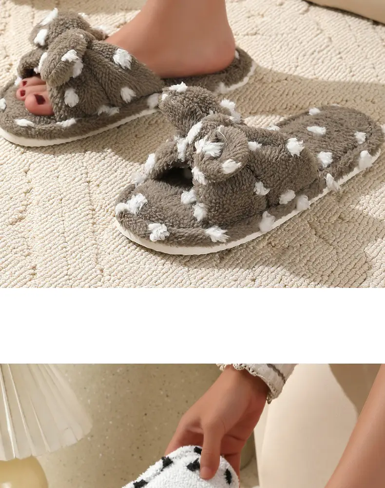 Korean Style Girl Heart Sweet Beautiful Cute Bow Cotton Slippers Women's Autumn and Winter Fashion Student Home Plush Wave Dot Slippers — feature 16