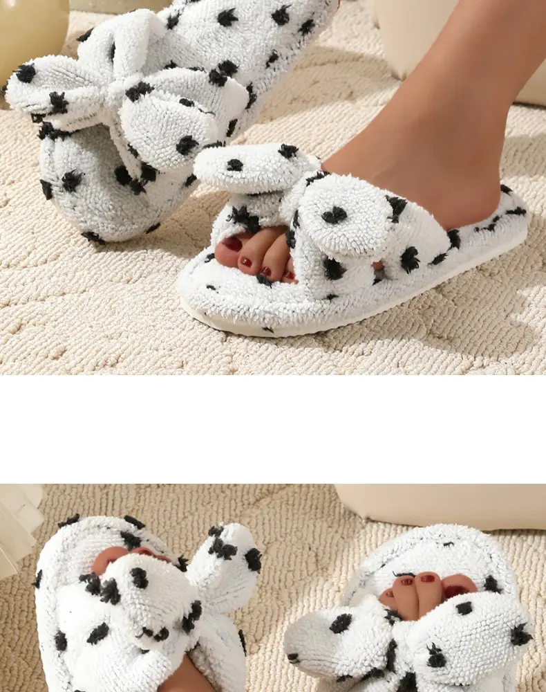 Korean Style Girl Heart Sweet Beautiful Cute Bow Cotton Slippers Women's Autumn and Winter Fashion Student Home Plush Wave Dot Slippers — feature 17