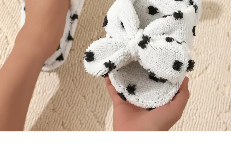 Korean Style Girl Heart Sweet Beautiful Cute Bow Cotton Slippers Women's Autumn and Winter Fashion Student Home Plush Wave Dot Slippers — feature 19