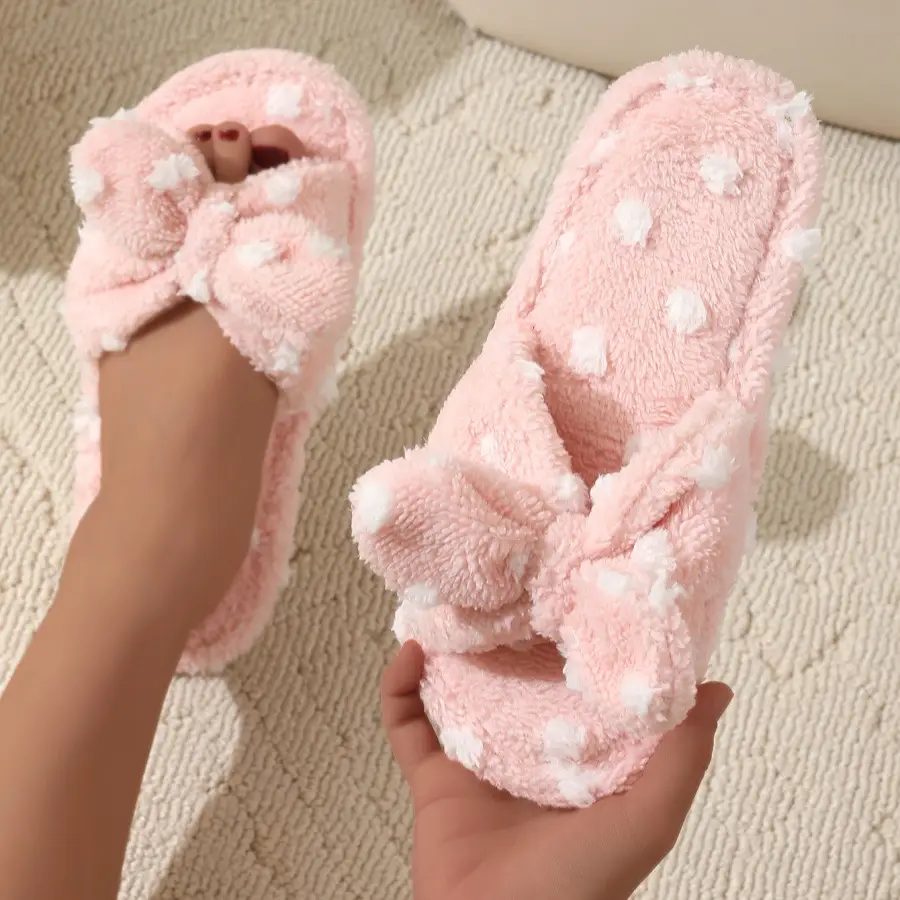 Korean Style Girl Heart Sweet Beautiful Cute Bow Cotton Slippers Women's Autumn and Winter Fashion Student Home Plush Wave Dot Slippers