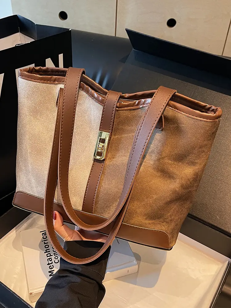 Women Vintage Brown White Shoulder Bag Large Capacity - Image 3