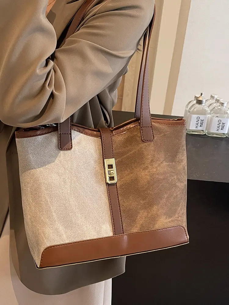 Women Vintage Brown White Shoulder Bag Large Capacity - Image 4