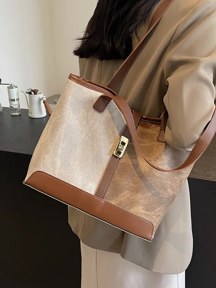 Women Vintage Brown White Shoulder Bag Large Capacity - Image 5