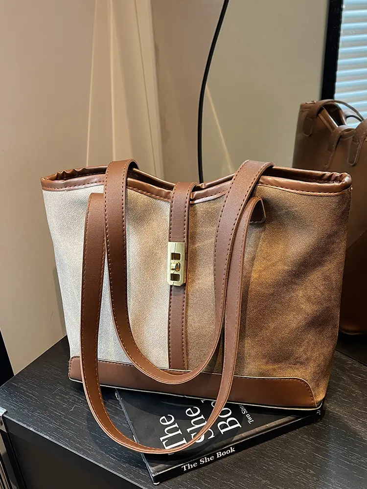 Women Vintage Brown White Shoulder Bag Large Capacity - Image 6
