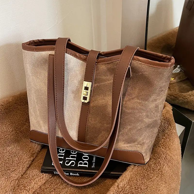 Women Vintage Brown White Shoulder Bag Large Capacity - Image 2