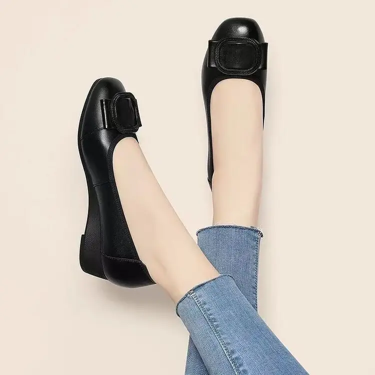 Women Black Wedge Leather Flats 2024 - Image 3