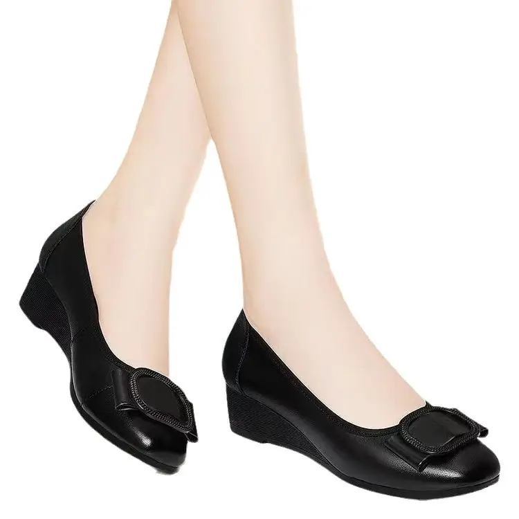 Women Black Wedge Leather Flats 2024 - Image 5