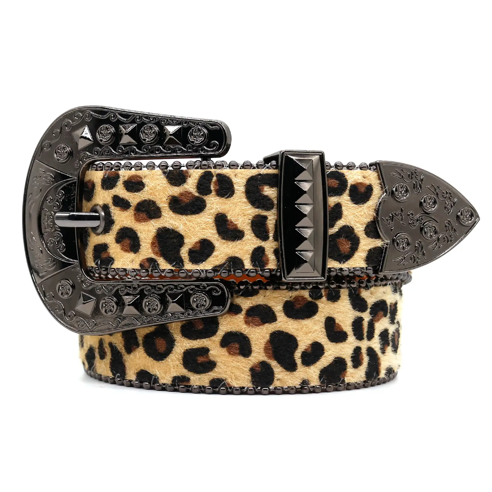 Leopard Print Women's Belt with Spike Buckle