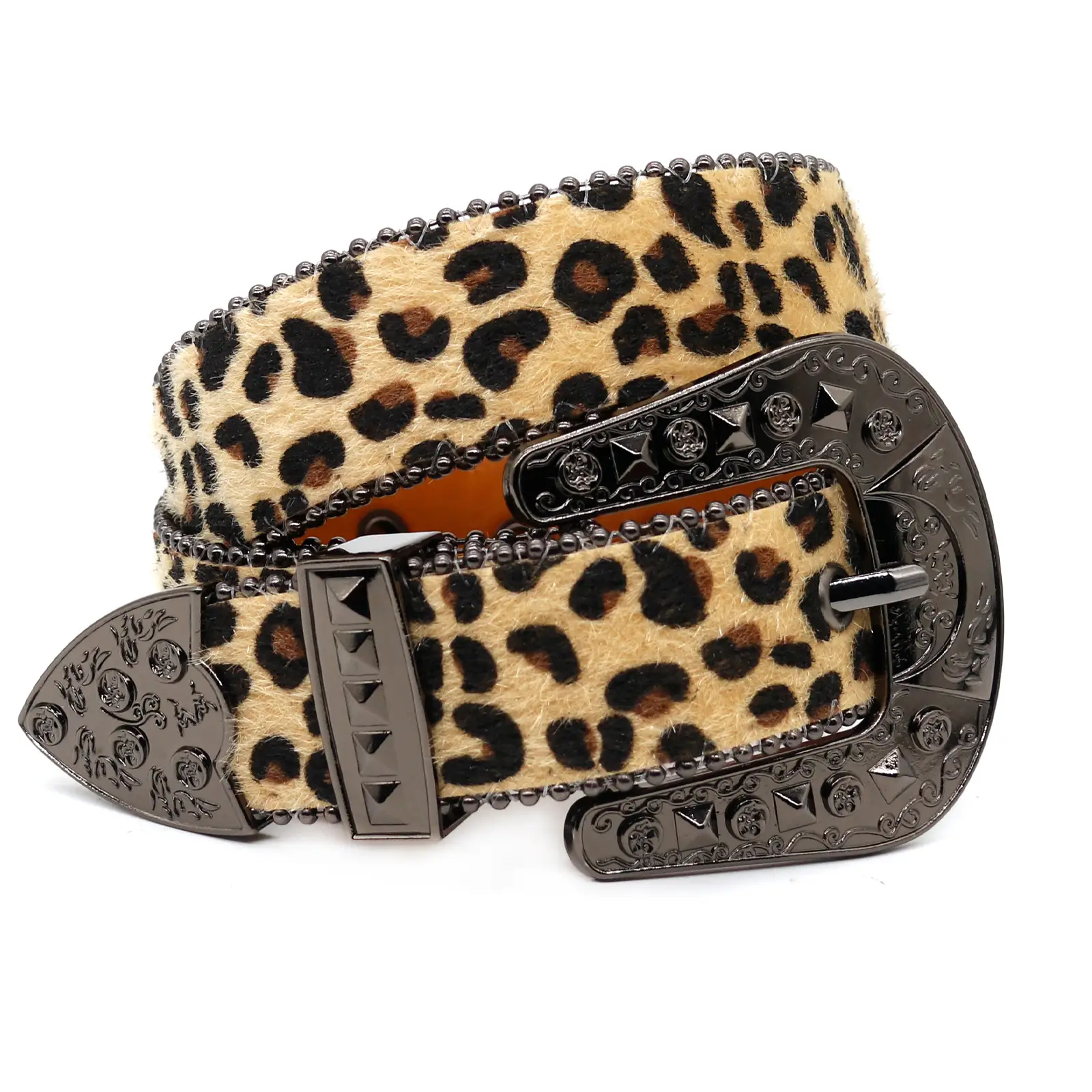 Leopard Print Women's Belt with Spike Buckle