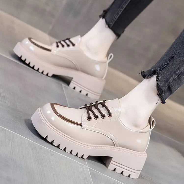Round toe small leather shoes women's British style 2024 new autumn color matching fashion western style thick heel thick bottom heightening loafers