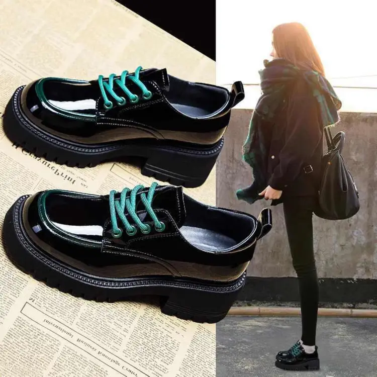 Round toe small leather shoes women's British style 2024 new autumn color matching fashion western style thick heel thick bottom heightening loafers — feature 2