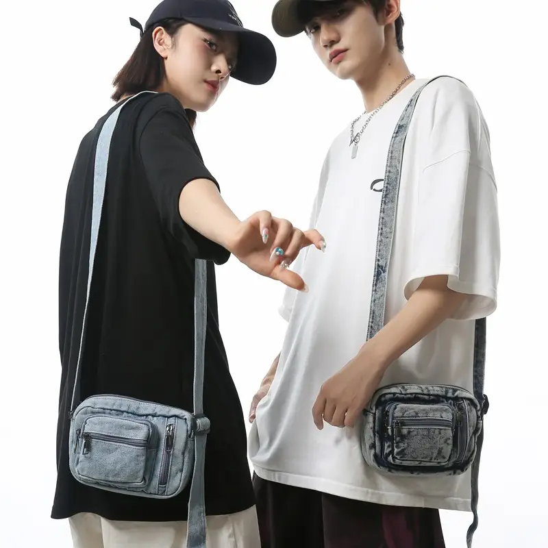 Vintage Washed Denim Mini Shoulder Bag for Men Women